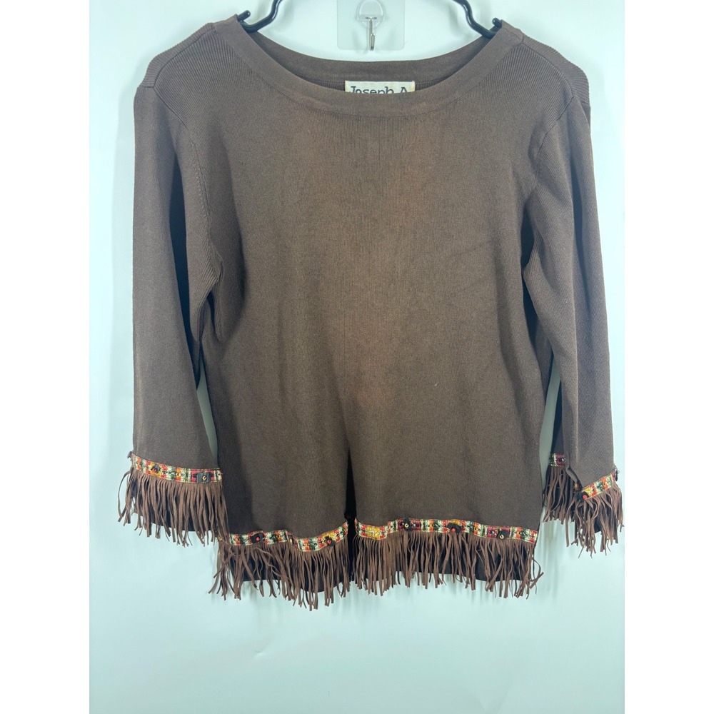 Joseph A Tribal Brown Fringe Trim Knit Sweater 3/4 Sleeve Boho Western Large